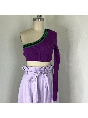 GCDS Ribbed One Sleeve Ticker Tape Cropped Sweater Top